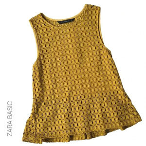ZARA NWOT SLEEVELESS EYELET PEPLUM TOP MUSTARD YELLOW | SIZE: XS